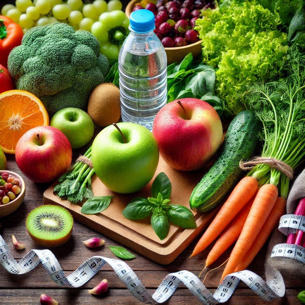 A colorful display of fresh fruits, vegetables, a bottle of water, and a measuring tape, symbolizing natural weight loss and healthy eating.