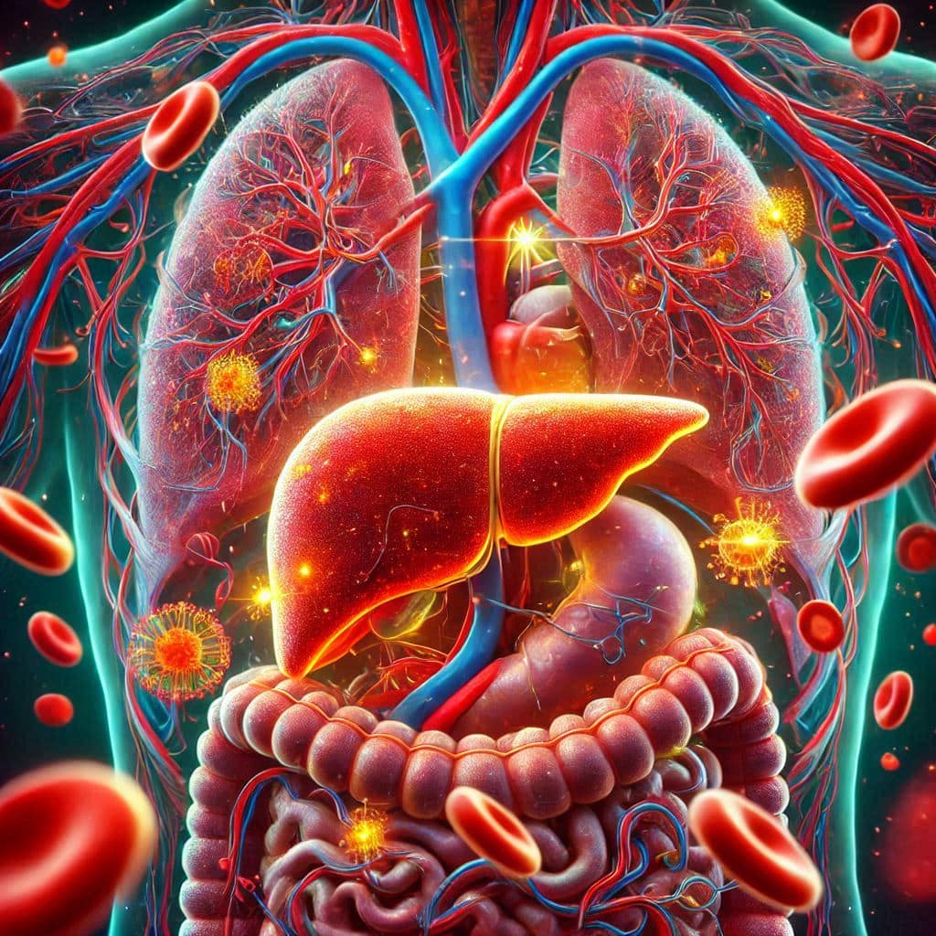 Anatomical illustration of the human liver, digestive system, and circulatory system, highlighting liver detoxification and blood flow.