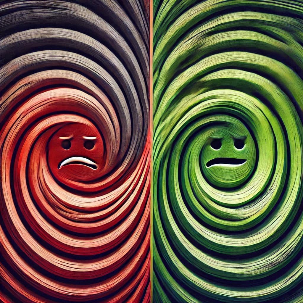 Abstract artwork representing positive emotions as vibrant green swirls and negative emotions as intense red swirls, symbolizing the dynamic balance of emotional states.