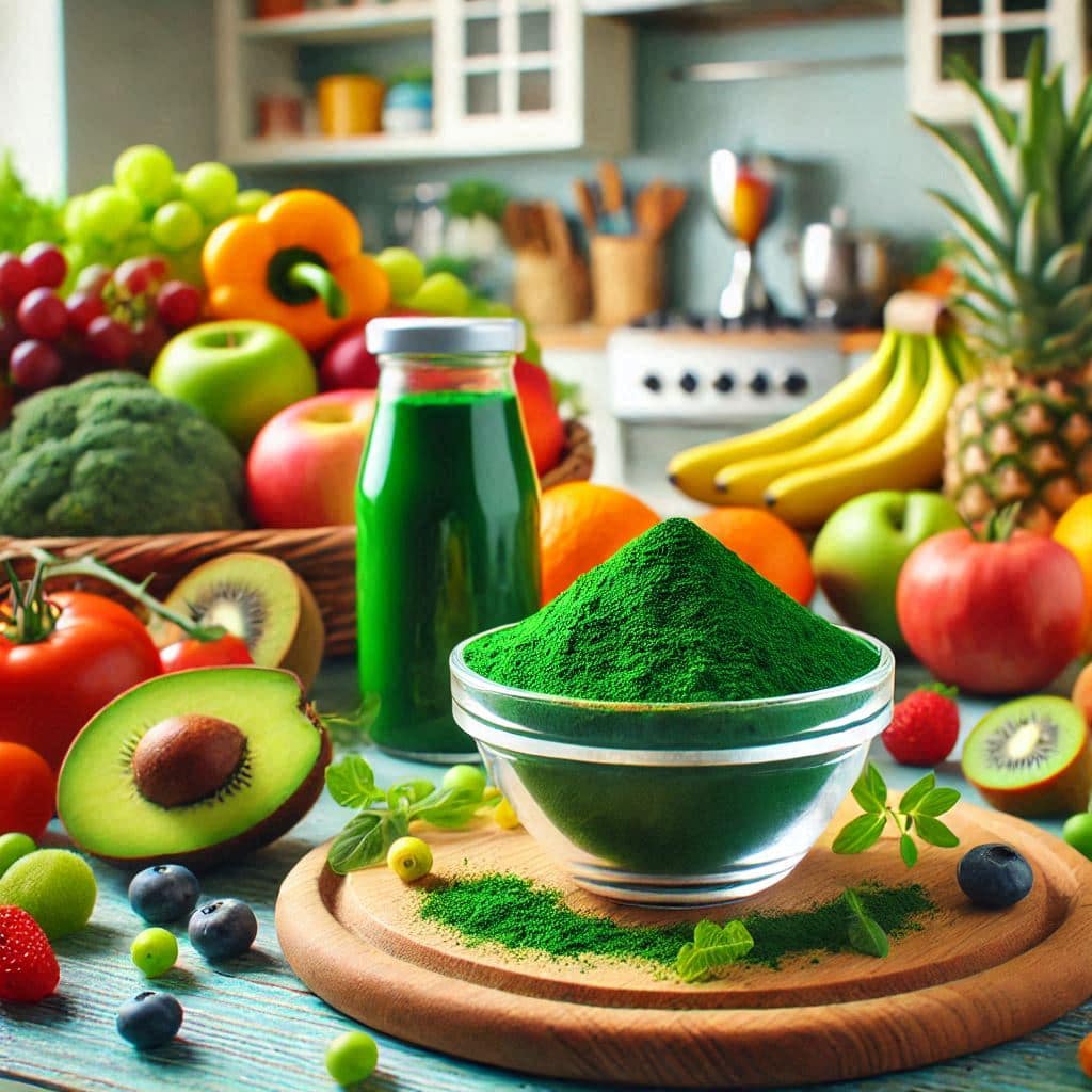 A vibrant kitchen scene with a bowl of spirulina powder surrounded by fresh fruits and vegetables, including apples, bananas, kiwi, and avocados.
