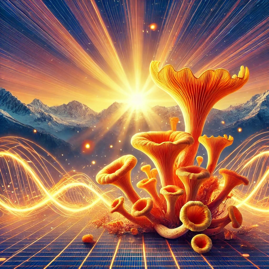 Close-up of Cordyceps mushrooms in a rustic bowl on a wooden table, with a cup of herbal tea nearby, symbolizing natural energy and vitality.