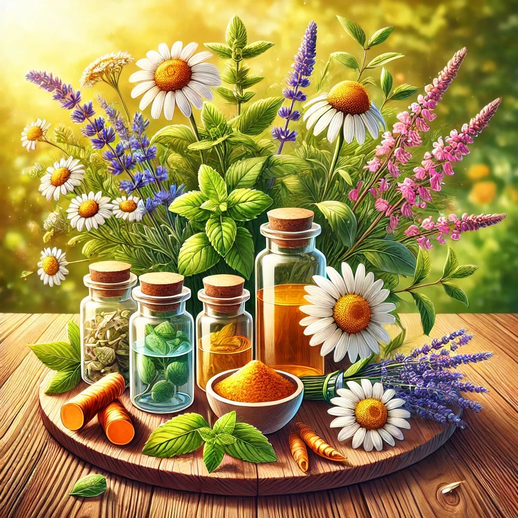 A natural display of medicinal herbs, including turmeric root and powder, fresh ginger, echinacea flowers, peppermint leaves, and a bowl of Ashwagandha powder on a wooden table, symbolizing wellness and health remedies.