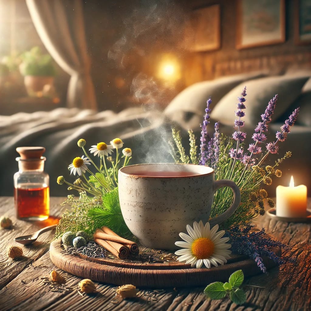 A rustic wooden table featuring a teapot and cups of chamomile, lavender, valerian root, peppermint, and lemon balm teas, surrounded by fresh herbs like chamomile flowers and lavender sprigs, symbolizing relaxation and natural sleep remedies.