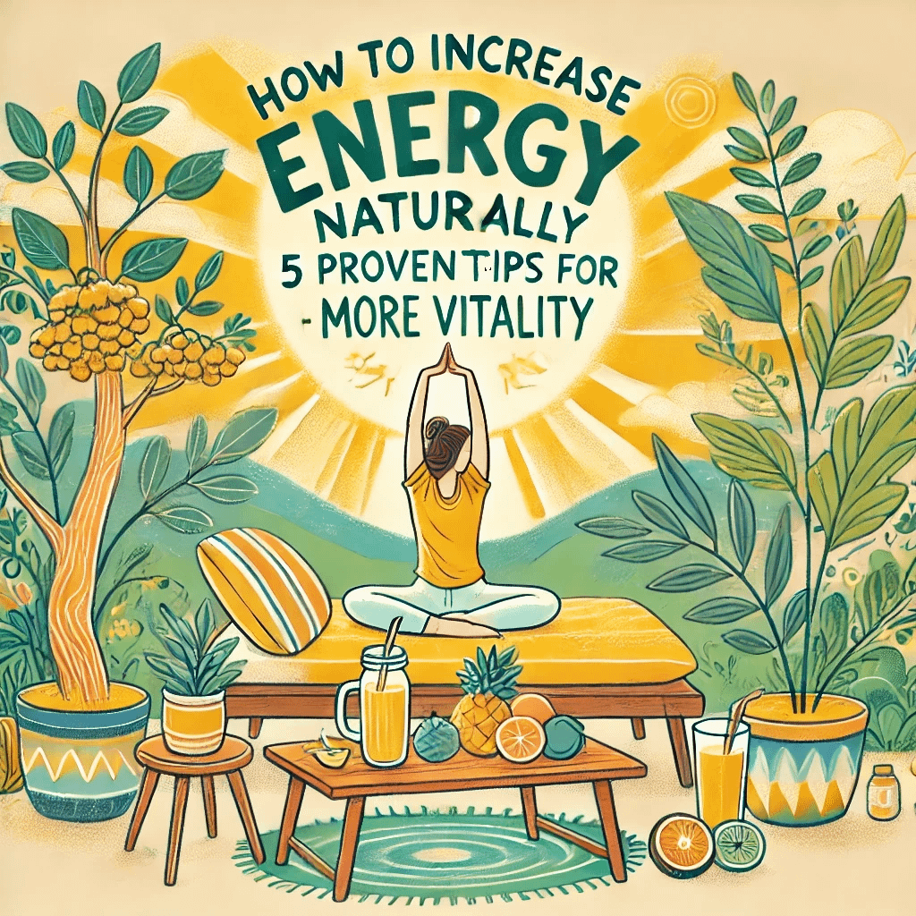 A vibrant morning scene featuring a person stretching outdoors, surrounded by natural elements like fresh fruits, a healthy smoothie, plants, and sunlight streaming through, symbolizing increased energy and vitality.