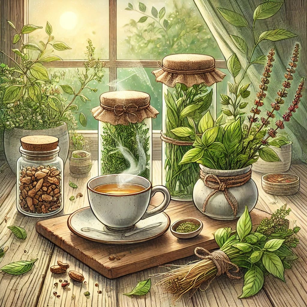 A cozy rustic table featuring fresh bundles of adaptogenic herbs, a steaming herbal tea cup, and potted plants with soft sunlight filtering through a window.