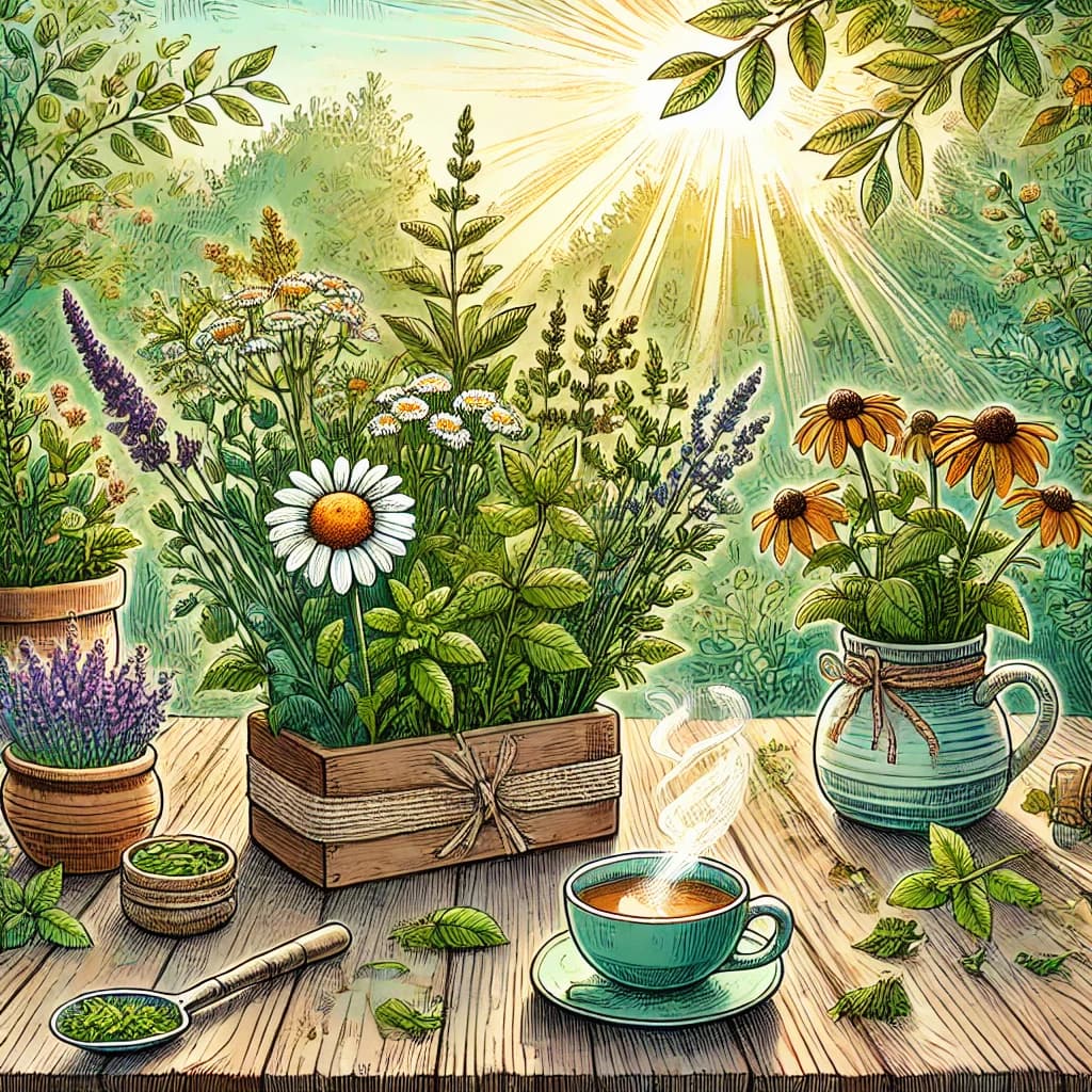 A rustic wooden table outdoors featuring fresh medicinal herbs like chamomile, echinacea, mint, and lavender, surrounded by potted plants and a steaming cup of tea under sunlight.