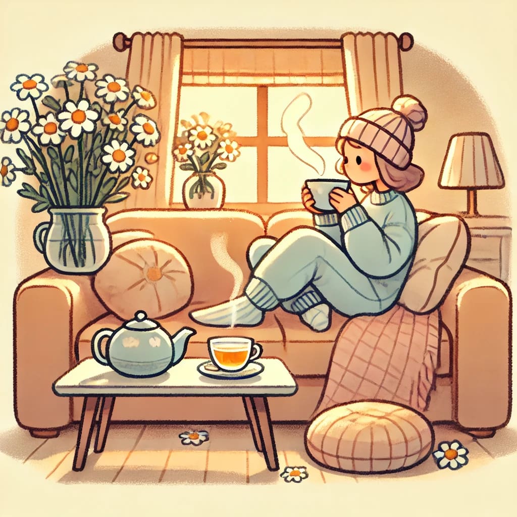 A cartoon-style illustration of a person sitting comfortably on a couch, drinking chamomile tea, surrounded by warm lighting and cozy decor.