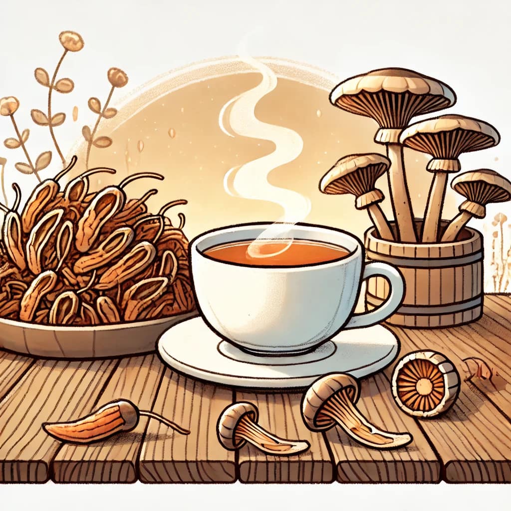 A cartoon-style illustration of a steaming cup of cordyceps tea on a rustic wooden table with dried mushrooms nearby, set in warm lighting.