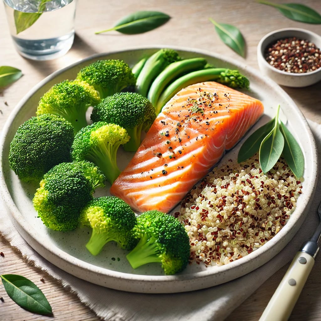 A plate with baked salmon, steamed broccoli, and quinoa on a wooden table, highlighted by soft natural lighting.