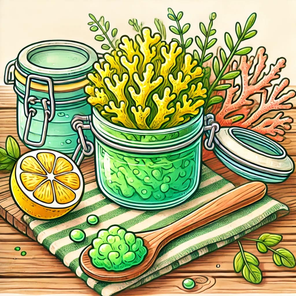 A cheerful cartoon-style illustration of a jar of sea moss gel, fresh sea moss, a wooden spoon, and wellness elements like lemon and mint on a wooden table.