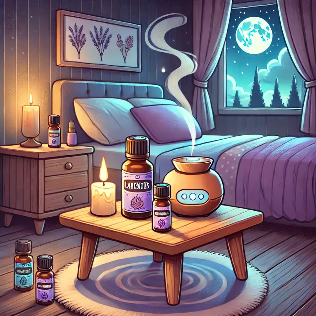 A cartoon-style illustration of essential oil bottles labeled 'Lavender,' 'Chamomile,' and 'Sandalwood,' with a lit candle and a diffuser on a wooden table in a peaceful bedroom setting.