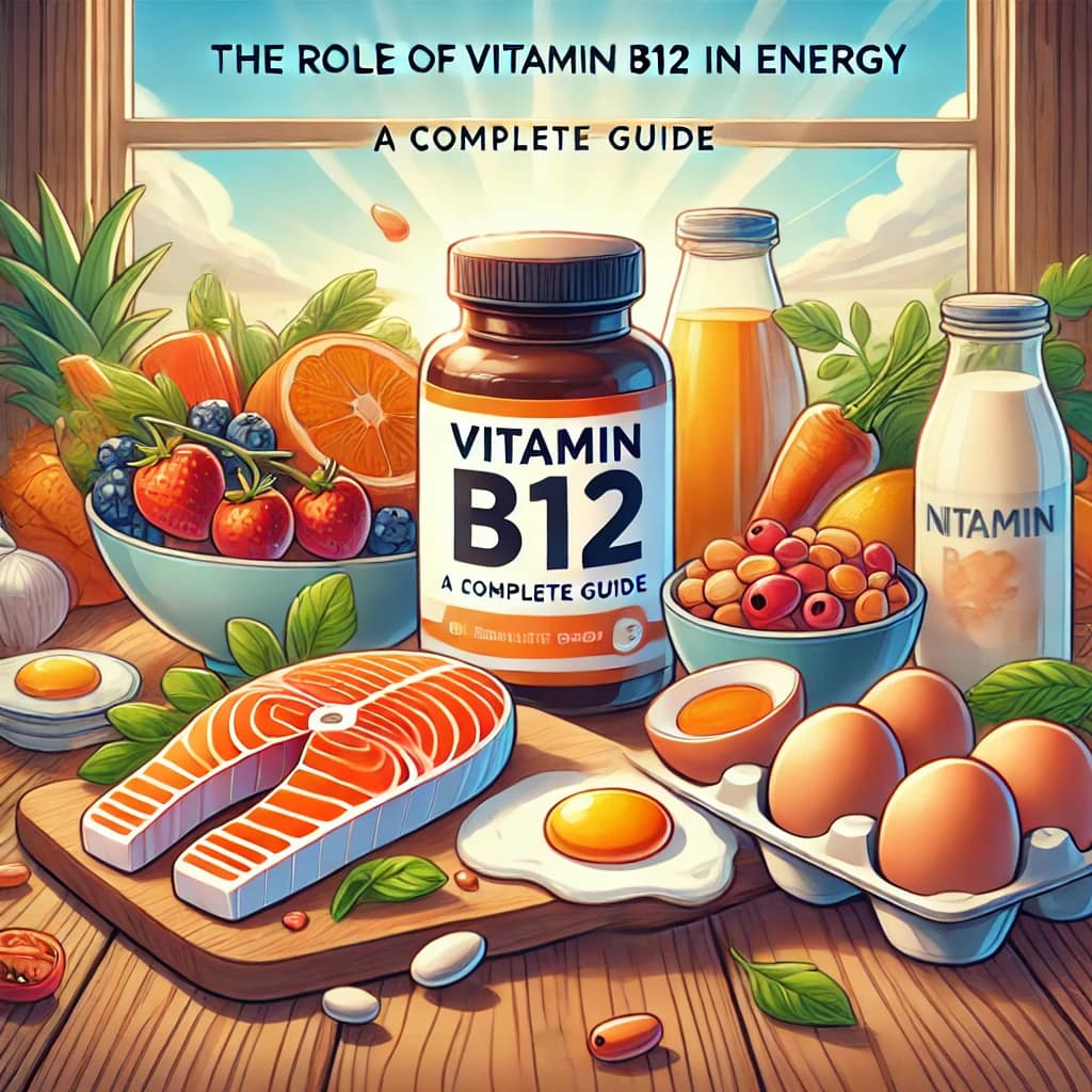 A cartoon-style illustration of Vitamin B12 supplements alongside natural sources like salmon, eggs in a bowl, and dairy products on a wooden table.