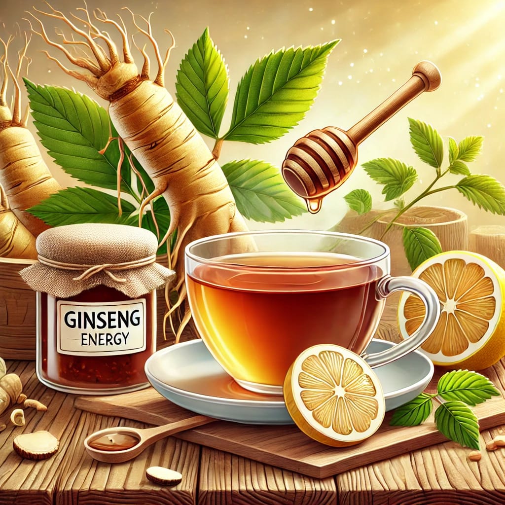 A cartoon-style illustration of fresh ginseng root, a steaming cup of ginseng tea, honey dipper, lemon slices, and mint leaves on a rustic wooden table.