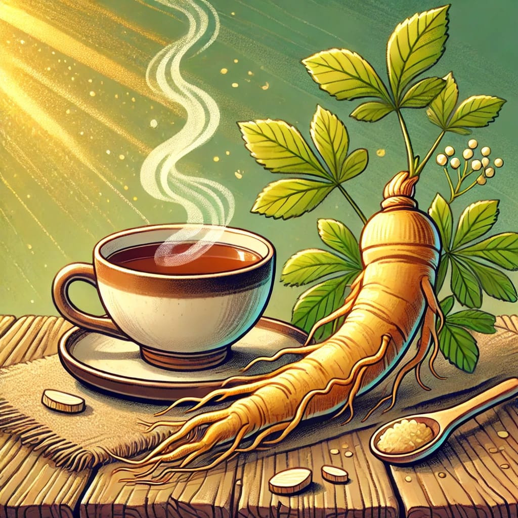 DALL·E-2024-12-27-02.46.53-A-vibrant-and-natural-cartoon-style-illustration-for-Ginseng-as-a-Remedy-for-Fatigue.-The-image-features-a-fresh-ginseng-root-and-a-steaming-cup-of- Natural Remedies for Fatigue: Boost Your Energy Naturally