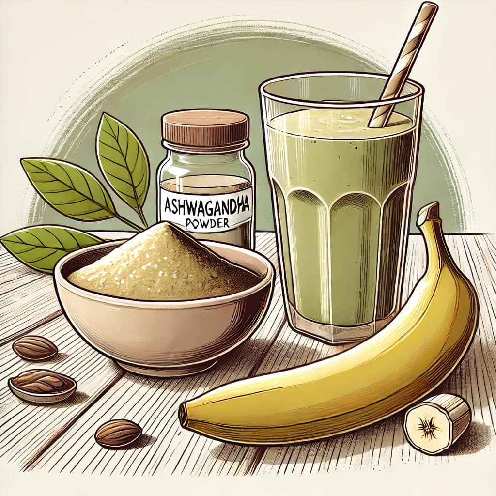 DALL·E-2024-12-27-02.49.58-A-refined-cartoon-style-illustration-for-Ashwagandha-as-a-Remedy-for-Fatigue.-The-image-features-a-small-bowl-of-ashwagandha-powder-a-fresh-banana Natural Remedies for Fatigue: Boost Your Energy Naturally