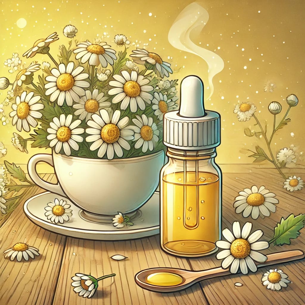 DALL·E-2024-12-27-16.25.05-A-calming-cartoon-style-illustration-for-Chamomile-Oil-for-Sleep.-The-image-features-a-small-chamomile-oil-bottle-surrounded-by-fresh-chamomile-flow Best Essential Oils for Sleep: Relax and Rest Naturally