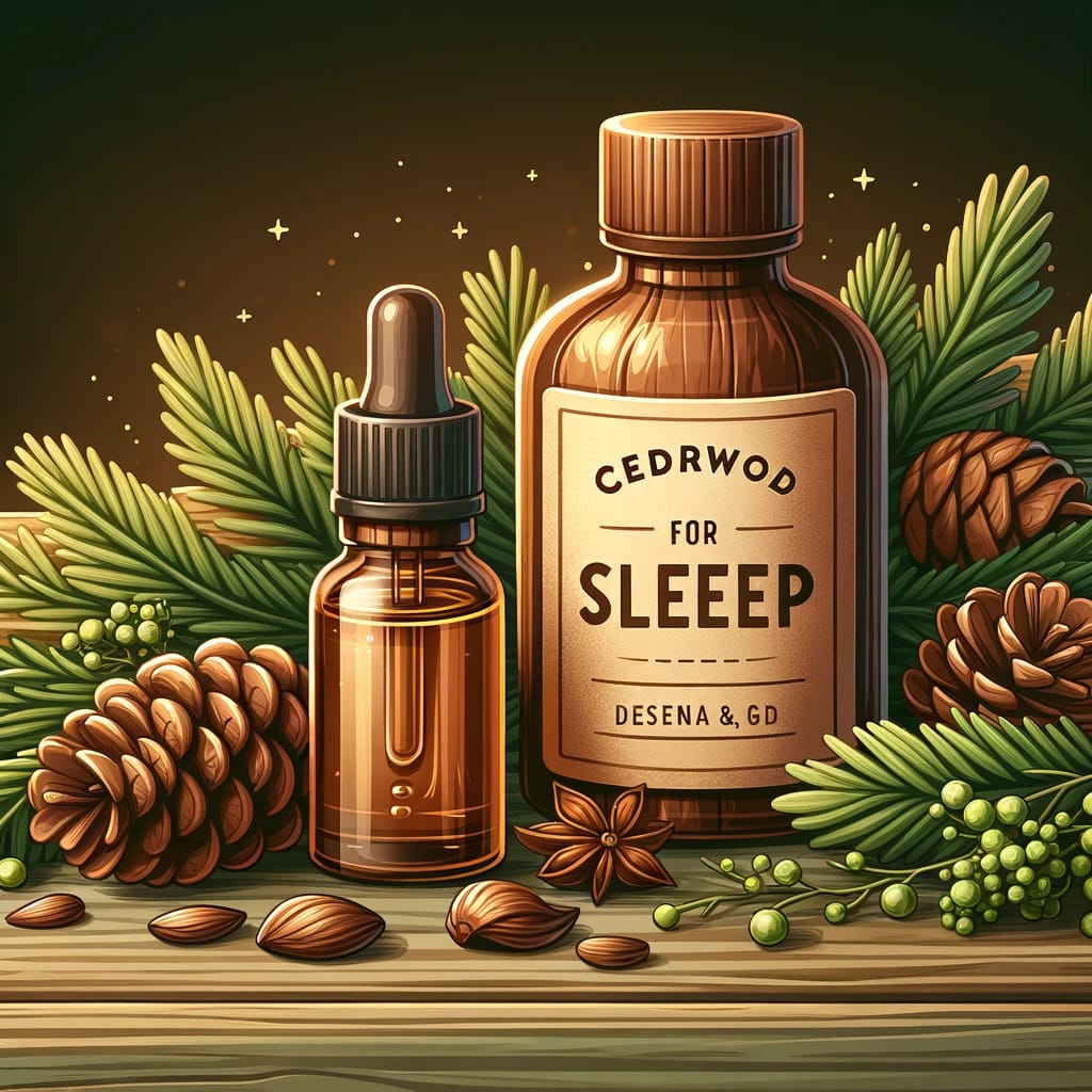 DALL·E-2024-12-27-16.26.38-A-warm-and-earthy-cartoon-style-illustration-for-Cedarwood-Oil-for-Sleep.-The-image-features-a-cedarwood-oil-bottle-placed-alongside-cedar-branches- Best Essential Oils for Sleep: Relax and Rest Naturally