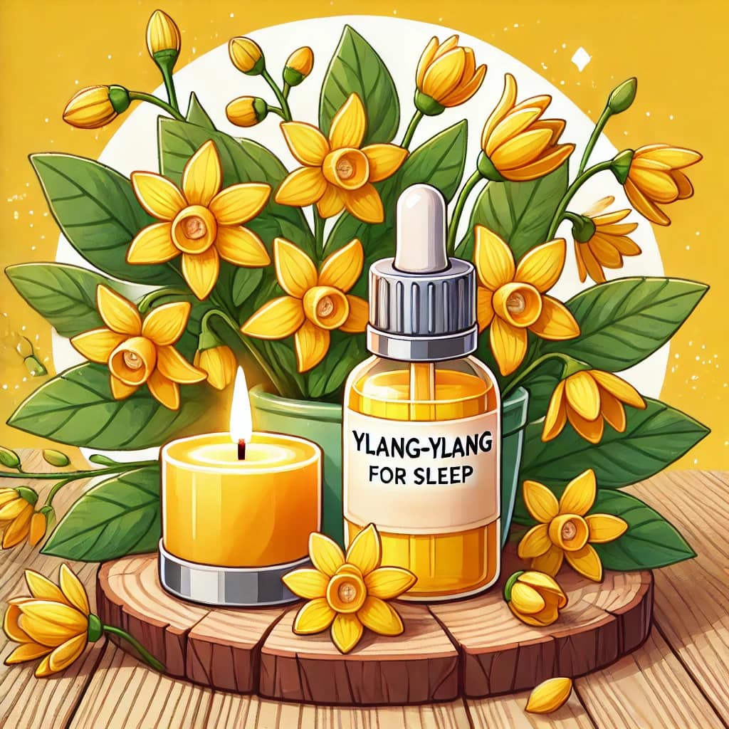 DALL·E-2024-12-27-16.27.58-A-bright-and-relaxing-cartoon-style-illustration-for-Ylang-Ylang-Oil-for-Sleep.-The-image-features-a-ylang-ylang-oil-bottle-surrounded-by-vibrant-ye Best Essential Oils for Sleep: Relax and Rest Naturally