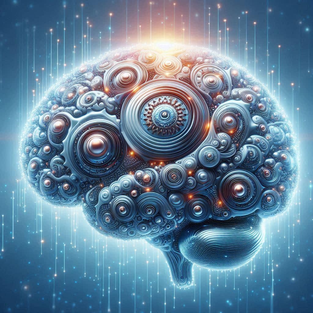 Digital representation of a brain with intricate patterns and glowing connections symbolizing cognitive improvement.