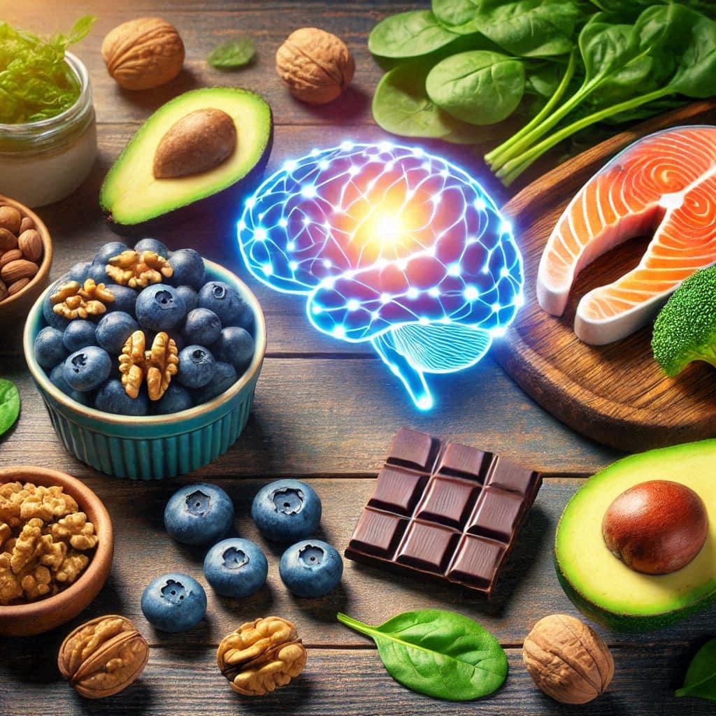 Assortment of brain-healthy foods including blueberries, walnuts, avocado, salmon, spinach, and dark chocolate, with a glowing brain illustration symbolizing mental vitality.