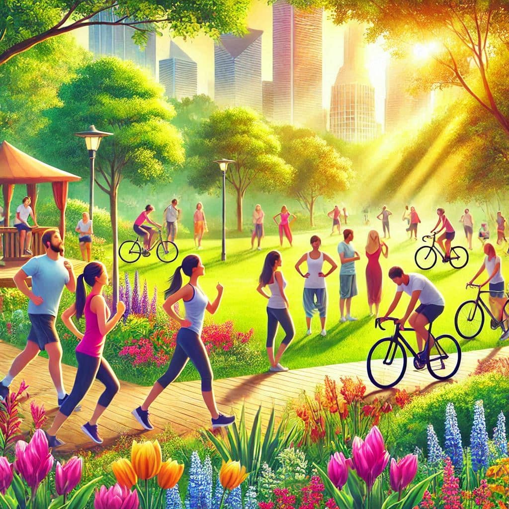 Park filled with people jogging, cycling, and exercising outdoors, surrounded by colorful flowers, greenery, and sunlight.