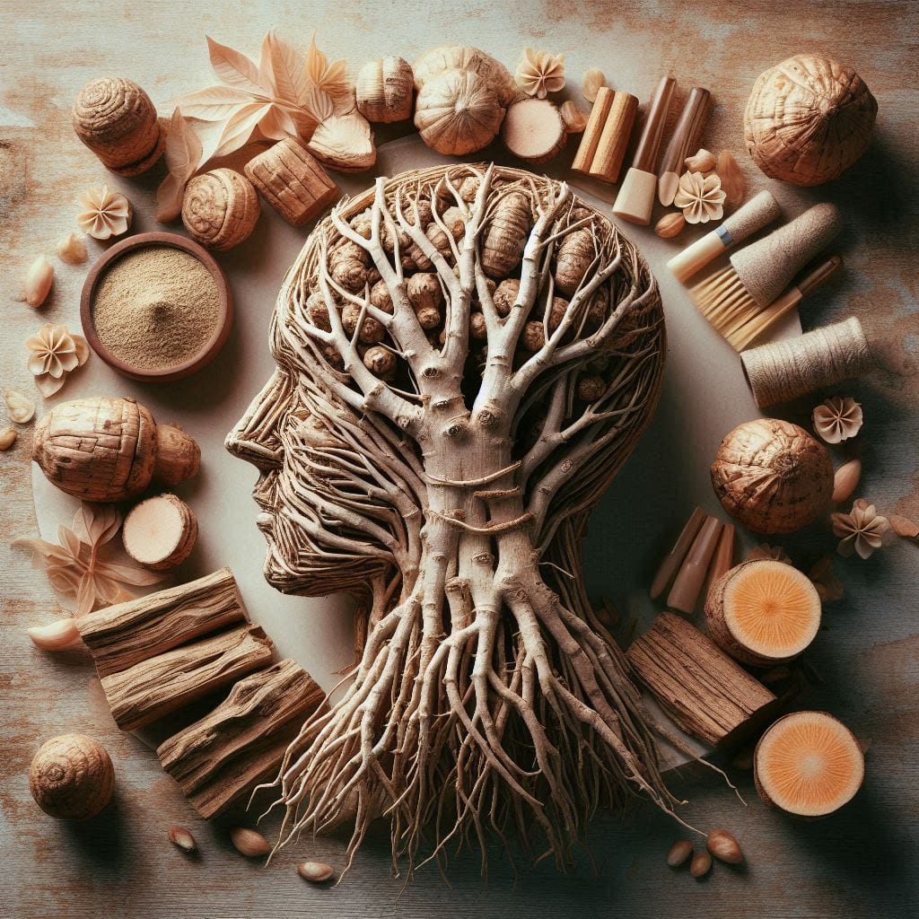 Artistic depiction of Ashwagandha roots, powders, and herbal elements symbolizing stress relief and mental clarity.