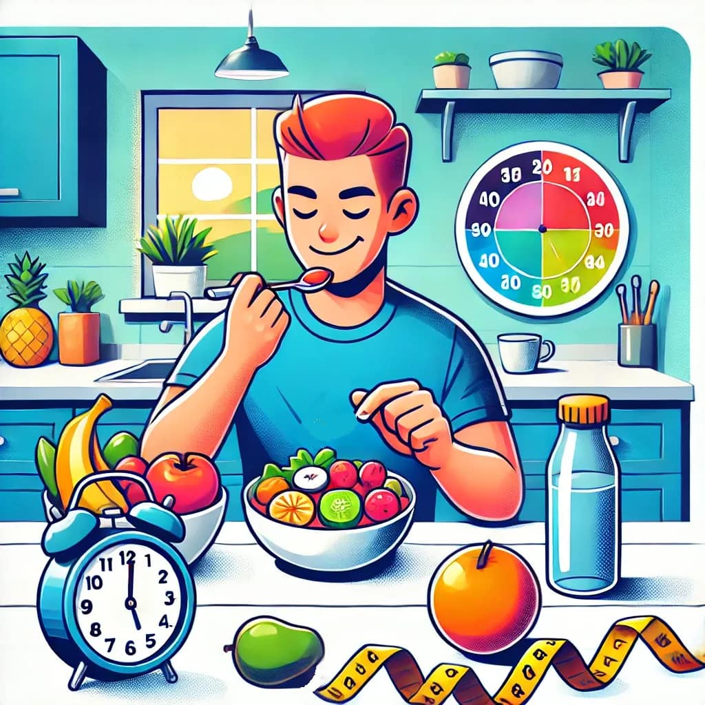 A vibrant cartoon-style illustration of a person with a clear and friendly face enjoying a healthy meal in a clean kitchen. A clock is visible on the wall, with a fruit bowl and water bottle nearby.