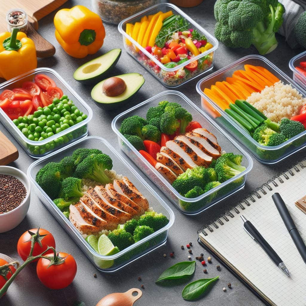 Meal prep containers filled with healthy ingredients like grilled chicken, broccoli, quinoa, and colorful vegetables on a kitchen countertop, accompanied by fresh produce, a notebook, and pens.