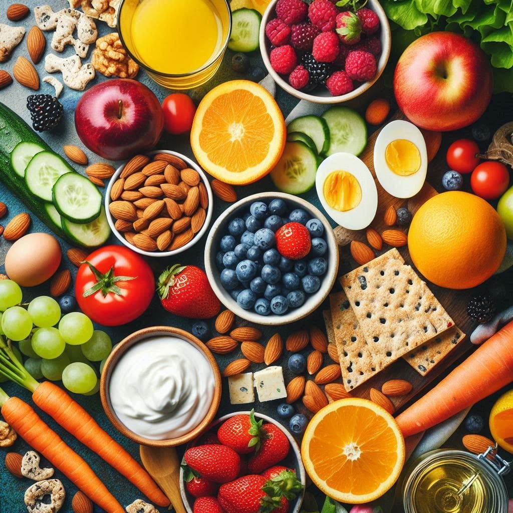 A colorful assortment of healthy snacks for weight loss, including fruits, vegetables, nuts, yogurt, and whole-grain crackers, arranged on a rustic wooden table.