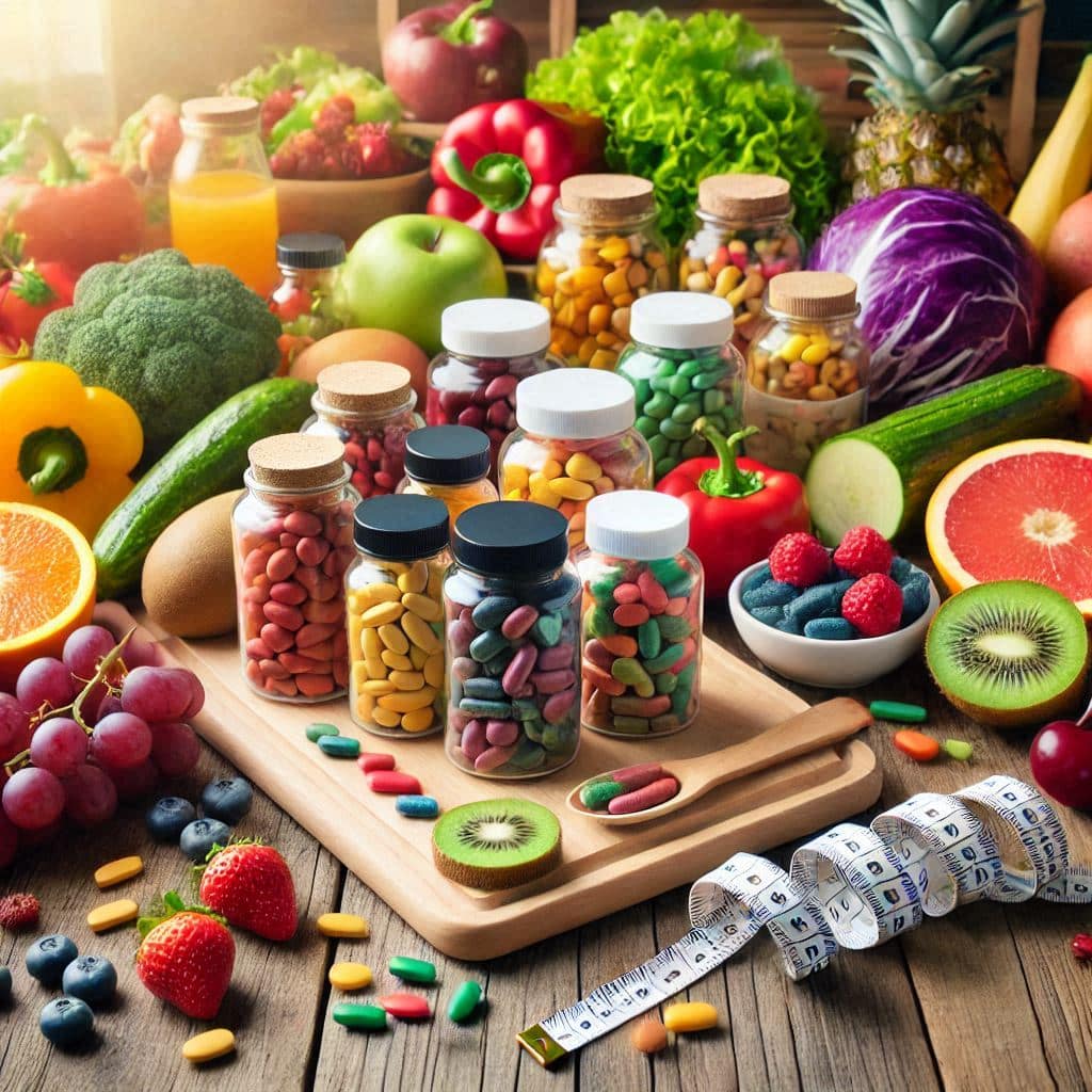 A variety of natural weight loss supplements in bottles surrounded by fresh fruits and vegetables, symbolizing a healthy and balanced approach to weight loss.
