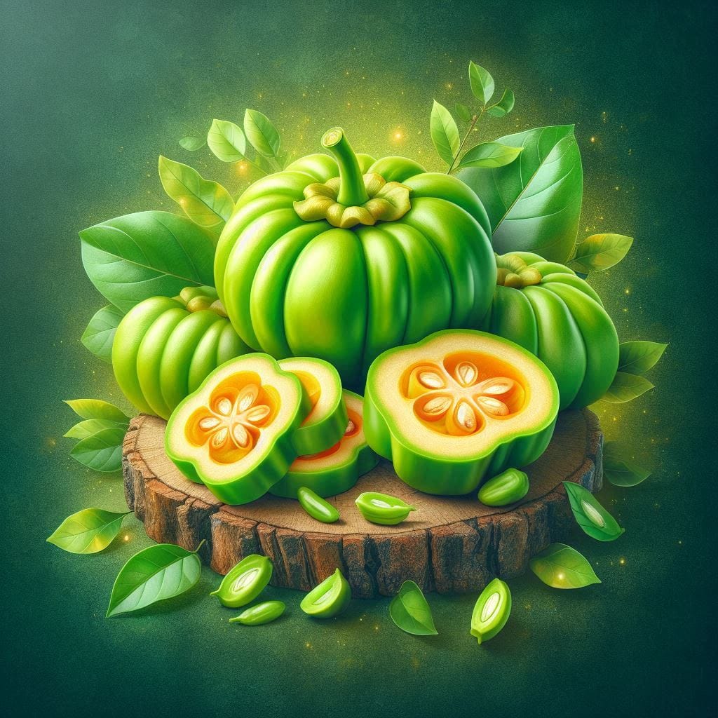 Fresh Garcinia Cambogia fruit with vibrant green leaves, sliced to reveal its inner texture, highlighting its natural weight loss properties.