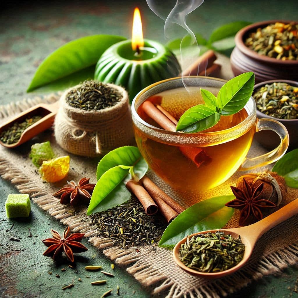 Steaming cup of green tea with cinnamon sticks, fresh tea leaves, star anise, and herbal blends in a cozy setup.