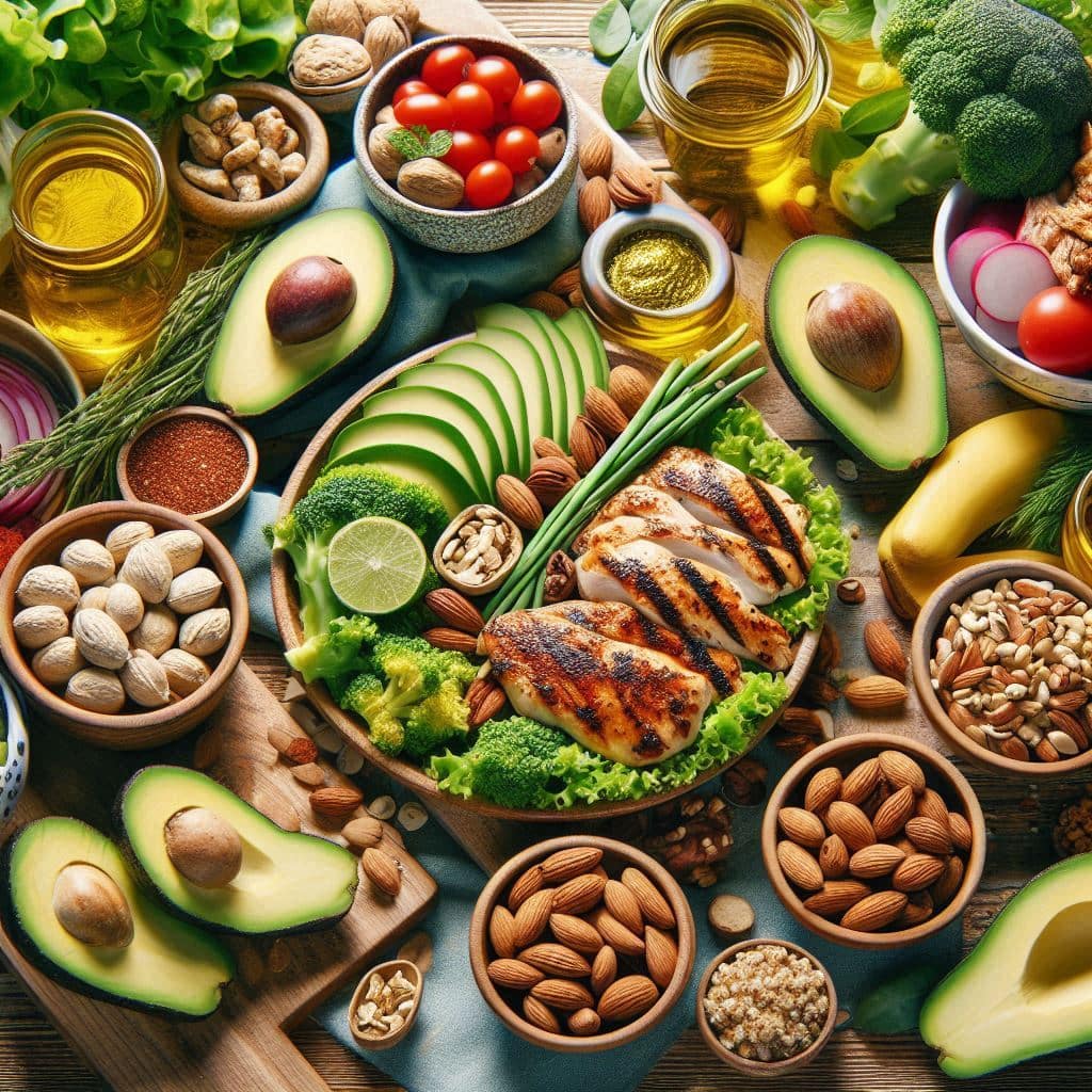 Low-carb diet foods including grilled chicken, avocado, broccoli, nuts, olive oil, and fresh vegetables on a wooden table.