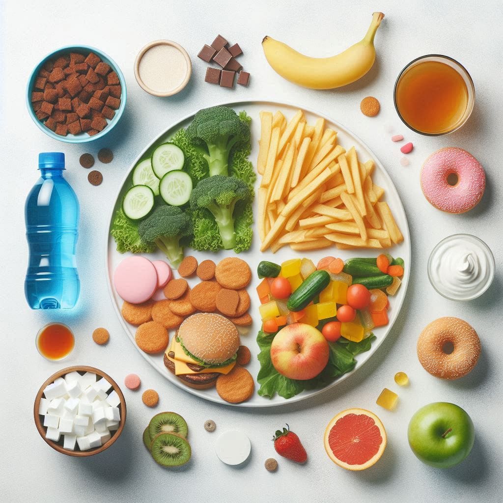 A plate divided into healthy and unhealthy food choices, with broccoli, fresh fruits, and vegetables on one side, and fries, burgers, and sugary snacks on the other, surrounded by various food items and drinks.