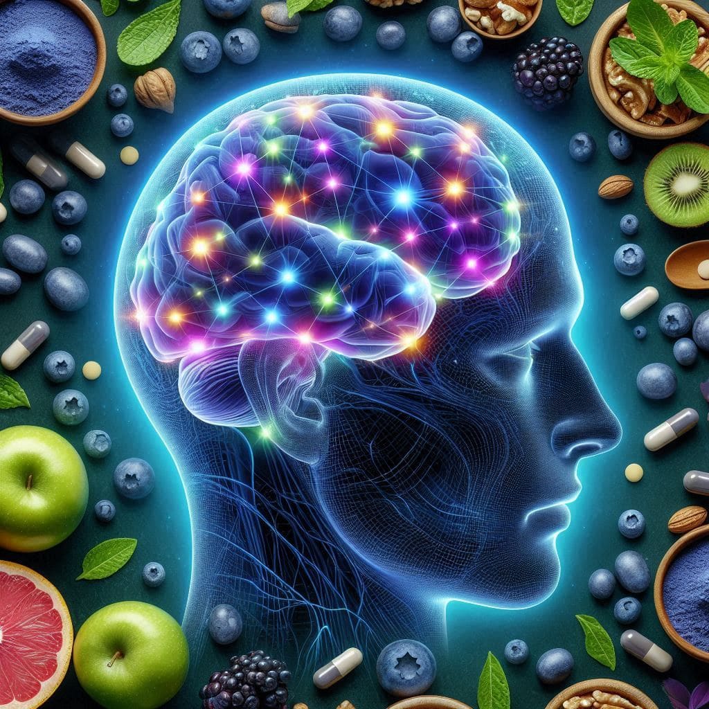 A digital illustration of a glowing human brain surrounded by natural nootropic ingredients like blueberries, walnuts, green apples, and supplements, symbolizing cognitive enhancement.