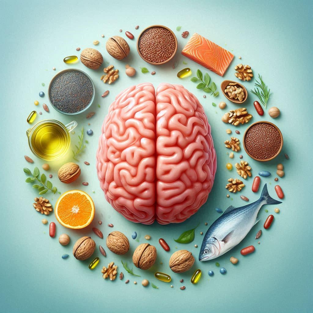 A vibrant illustration of a human brain surrounded by Omega-3-rich foods such as salmon, walnuts, flaxseeds, fish oil capsules, and fresh herbs, symbolizing cognitive enhancement.