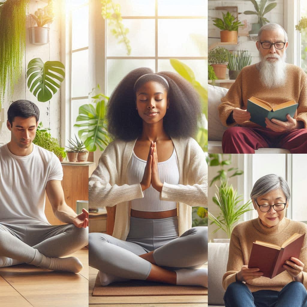 People practicing meditation and reading to enhance memory and focus in a peaceful, green indoor setting.