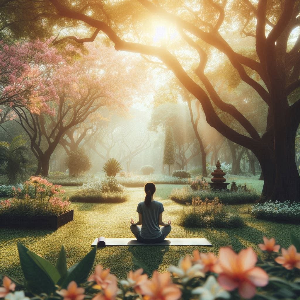 Woman practicing meditation in a peaceful garden surrounded by lush greenery and blooming flowers.