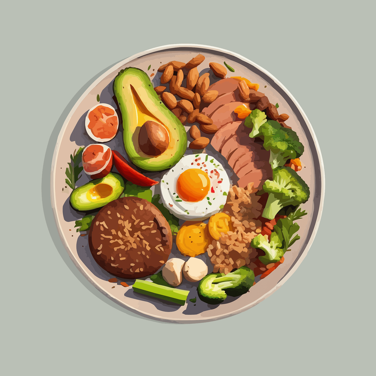 A nutritious ketogenic meal with avocado, eggs, nuts, meat, and vegetables on a plate.