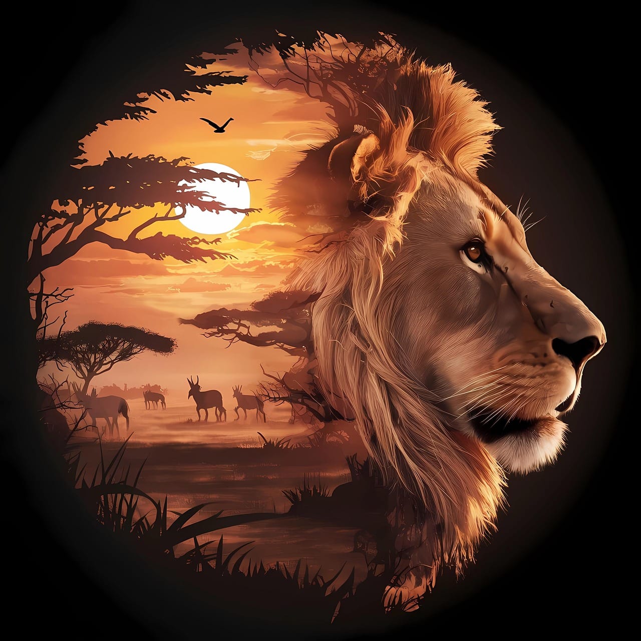 Artistic digital painting of a lion’s face blending into an African savanna landscape at sunset.
