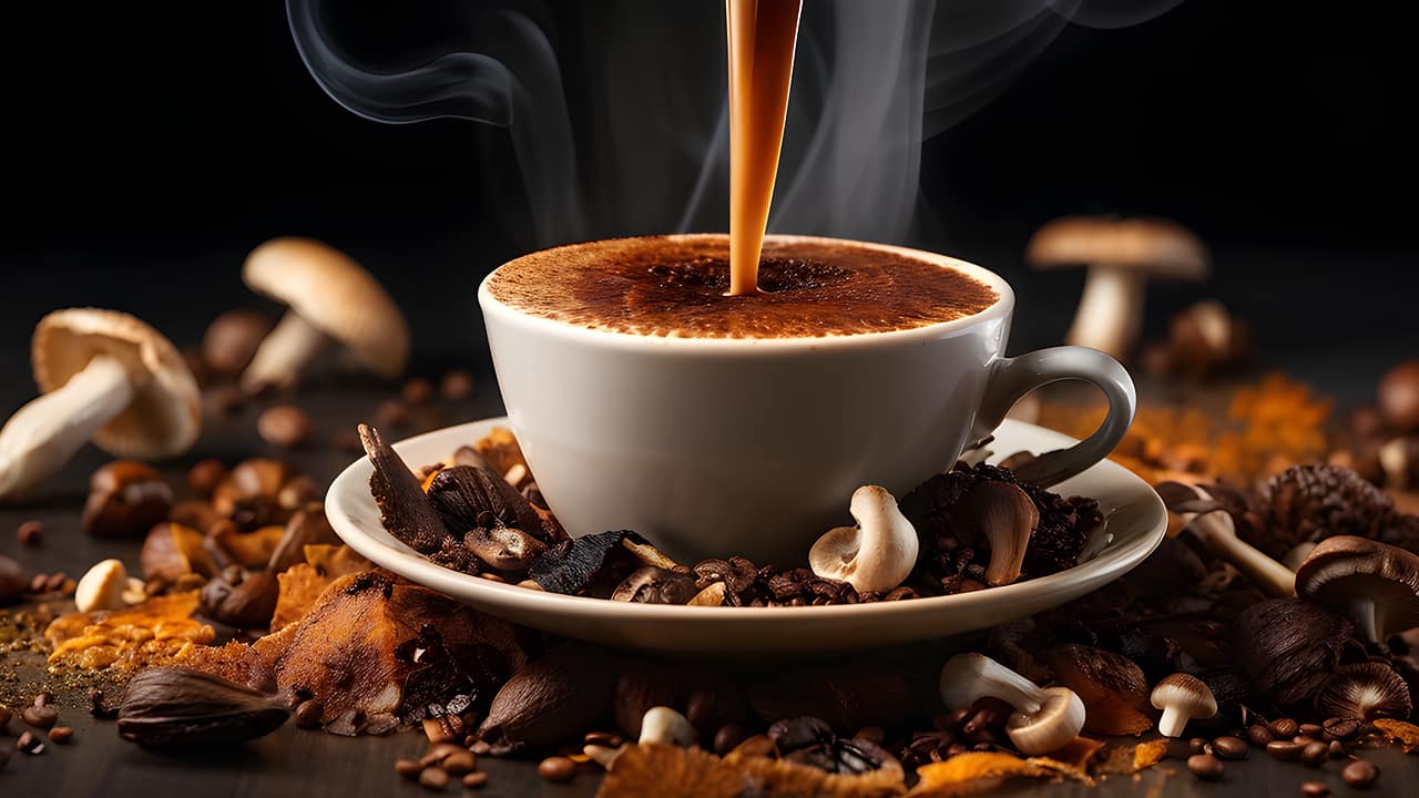 A steaming cup of adaptogenic mushroom coffee surrounded by various medicinal mushrooms and coffee beans.