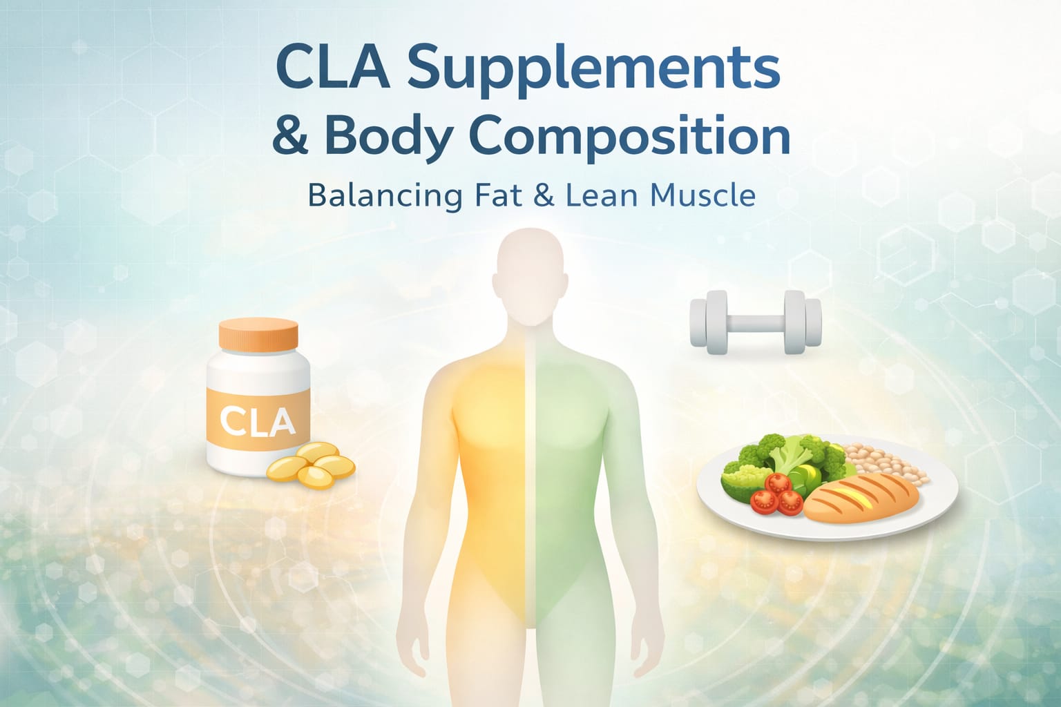 CLA supplements and body composition illustration showing balance between fat mass and lean muscle