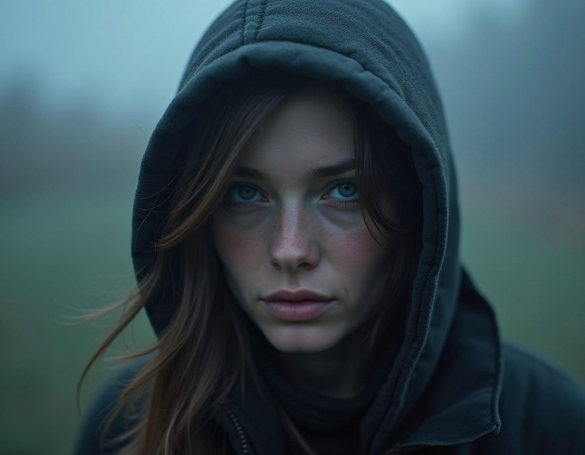 A young woman in a hooded jacket standing in a foggy outdoor setting, symbolizing brain fog and mental clarity struggles.