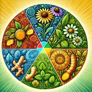 DALL·E-2024-12-15-15.42.24-A-mandala-style-circular-design-featuring-the-Top-5-Medicinal-Herbs-for-Wellness_-turmeric-ginger-echinacea-peppermint-and-ashwagandha.-The-center Top 5 Medicinal Herbs for Overall Wellness