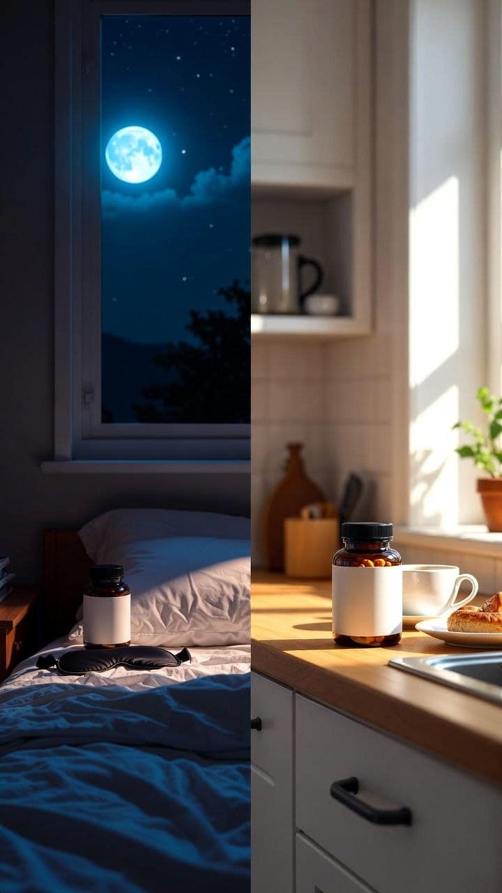 Ashwagandha at night vs morning — split screen showing bedroom at night and sunny kitchen in the morning with supplement bottle