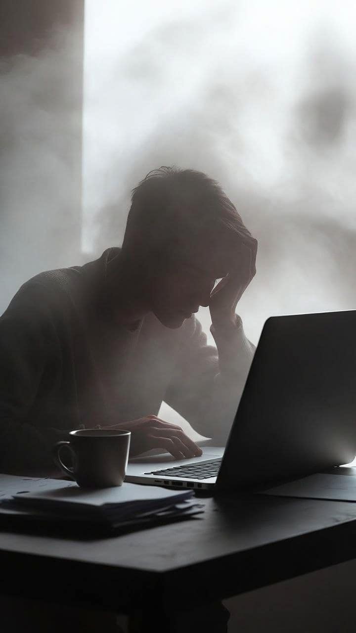 Silhouette of person with brain fog sitting at desk with laptop and coffee in hazy atmosphere