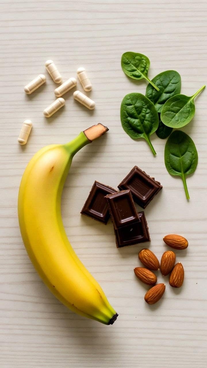 Magnesium-rich foods and supplements flat lay — banana, dark chocolate, almonds, spinach, and capsules