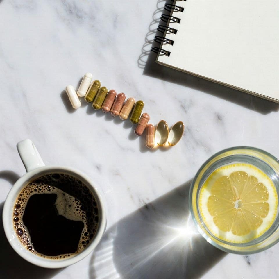 Morning supplement stack flat lay — capsules, coffee, lemon water, and notebook on marble countertop