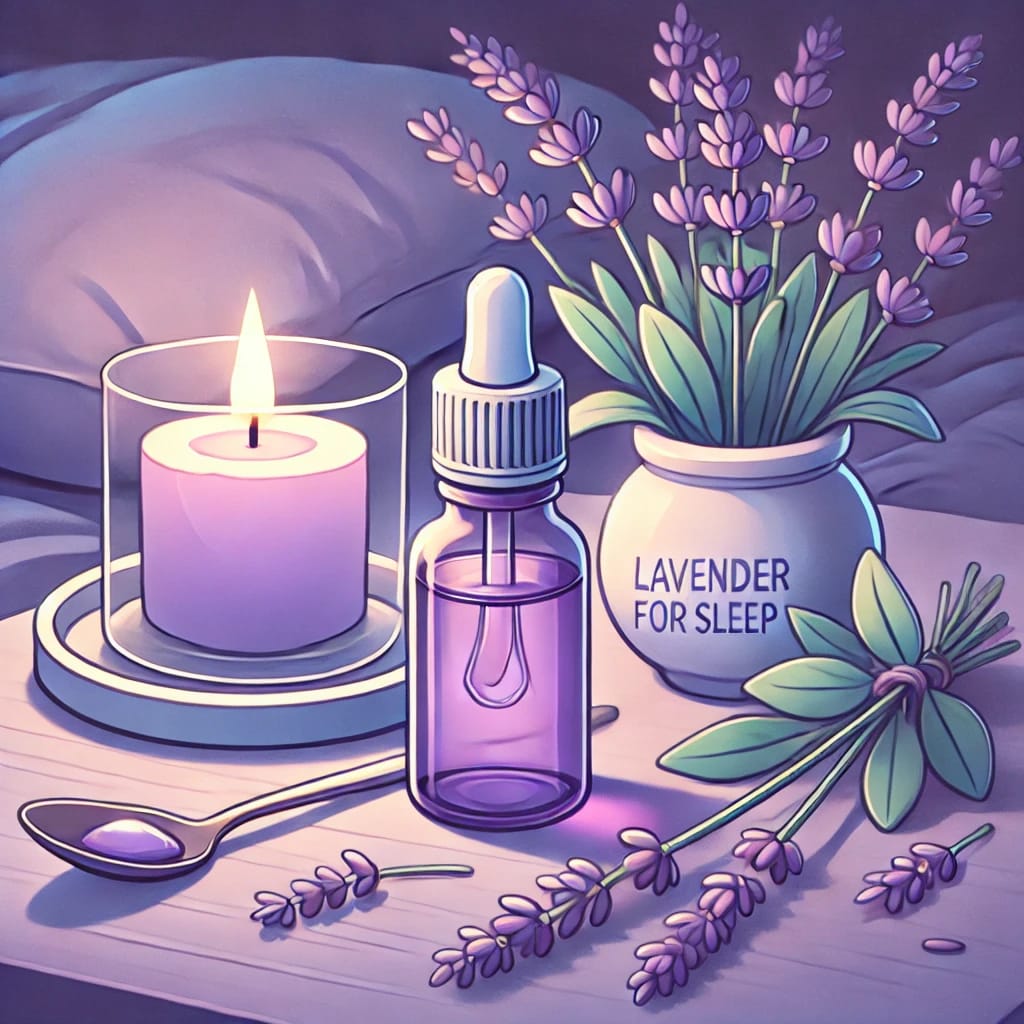 DALL·E-2024-12-27-16.22.00-A-calming-cartoon-style-illustration-for-Lavender-Oil-for-Sleep.-The-image-features-a-small-lavender-oil-bottle-placed-on-a-bedside-table-alongside- 