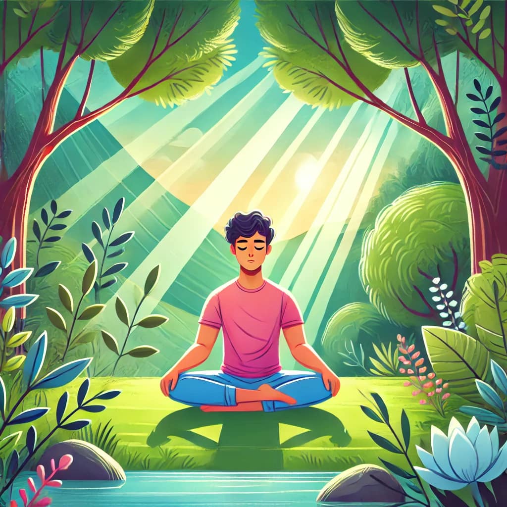DALL·E-2024-12-29-00.47.55-A-vibrant-cartoon-style-illustration-for-Alternate-Nostril-Breathing-Nadi-Shodhana.-The-image-features-a-serene-individual-sitting-cross-legged-in Best Breathing Exercises for Stress: A Comprehensive Guide
